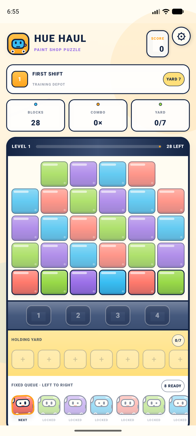 Hue Haul level one game board with colorful blocks and the fixed bot queue.