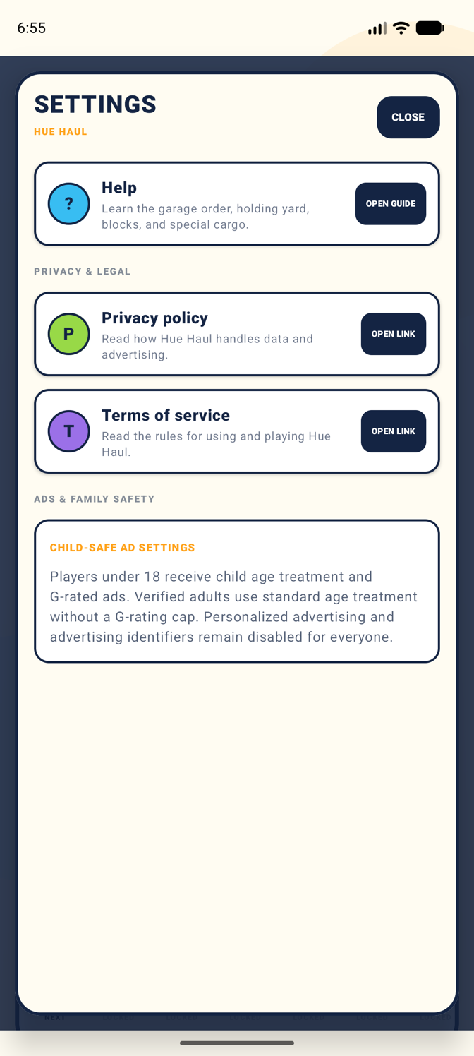 Hue Haul settings screen with help, privacy policy, terms, and advertising information.