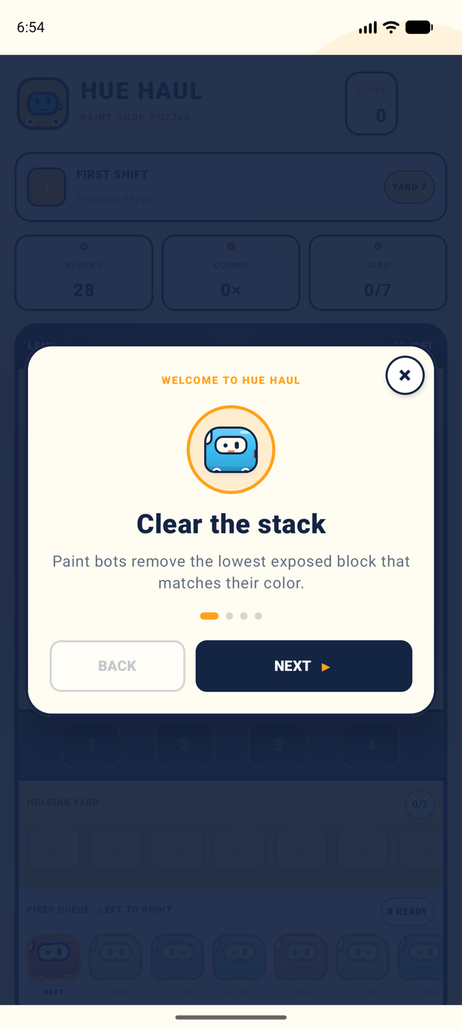 Hue Haul walkthrough explaining the fixed left-to-right garage queue, with a close button.